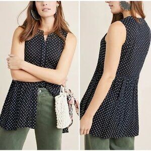ANTHROPOLOGIE Nia Button Front Polka Dot Tunic Top in Navy - Size M
